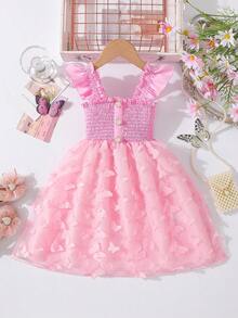 Glamorique Kids 女童纯色短袖花卉拼接优雅夏季连衣裙 - 粉色 - 查看 3