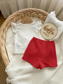 Set Baju Atasan Putih dan Celana Pendek Pinggang Elastis Lucu untuk Bayi Perempuan di Musim Panas - Merah - View 3