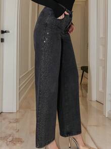 Bris Aura Chaebol Heavy Industry 女款黑色水钻装饰直筒牛仔裤 - 黑色 - 查看 4