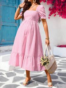 SHEIN Maternity Casual Plaid Ruffle Hem Dress - Pink - View 4