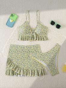 Swim Mod 女士夏季沙滩碎花荷叶边比基尼套装，含罩衫和裙子 - 黃色 - 查看 3
