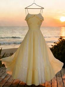 GlowEve 2026 Spring/Summer New Yellow Women's Vacation Ruffled Waist A-Line Lace Patchwork Spaghetti Strap Maxi Dress - Light Yellow - View 1