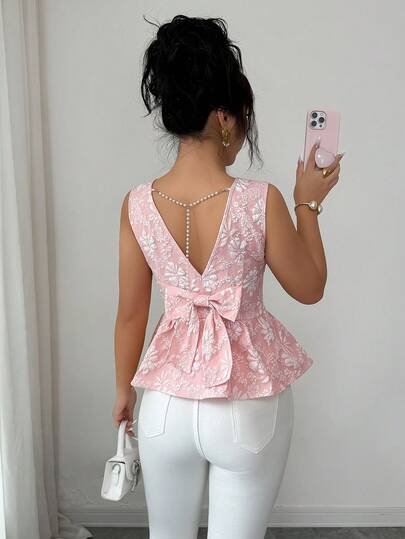 Elenzga Women's Elegant Jacquard Bowknot Beaded Chain Decor Sleeveless Blouse, Summer