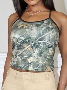 Steph T 女式 Y2K 街头风格时尚枝形迷彩印花背心 - 綠色 - 查看 3