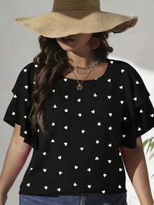 EMERY ROSE Plus Size Black Casual Heart Print Scoop Neck Top With Layered Short Sleeves - Black - View 3
