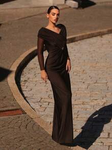Aureia Elegant Formal Brown Spring Evening Wedding Mesh Patchwork Off Shoulder Ruffle Long Sleeve Sheer Maxi Dress With Back Slit - Coffee Brown - View 5
