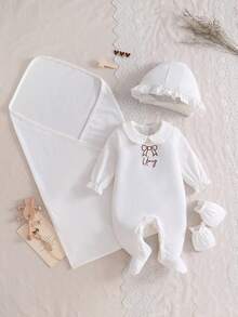 Newborn Simple White Long Sleeve Romper Set, Includes Blanket, Hat, Mittens, Multi-Piece Homeware - White - View 4
