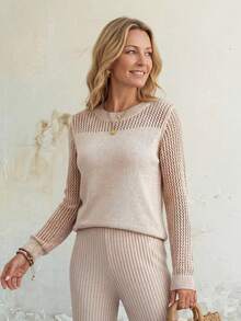 EMERY ROSE New Autumn Casual Loose Hollow Out Mesh Layered Fashionable Knit Blouse For Women Fall Sweater - Apricot - View 4