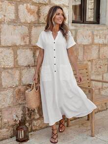 Faunlyn Women's Solid Color V-Neck Short Sleeve Casual Pocket Midi Dress - White - View 9