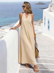 SHEIN Holidaya Women's Casual Backless Tie-Up Deep V-Neck High-Low Dress For Vacation - Beige - View 5