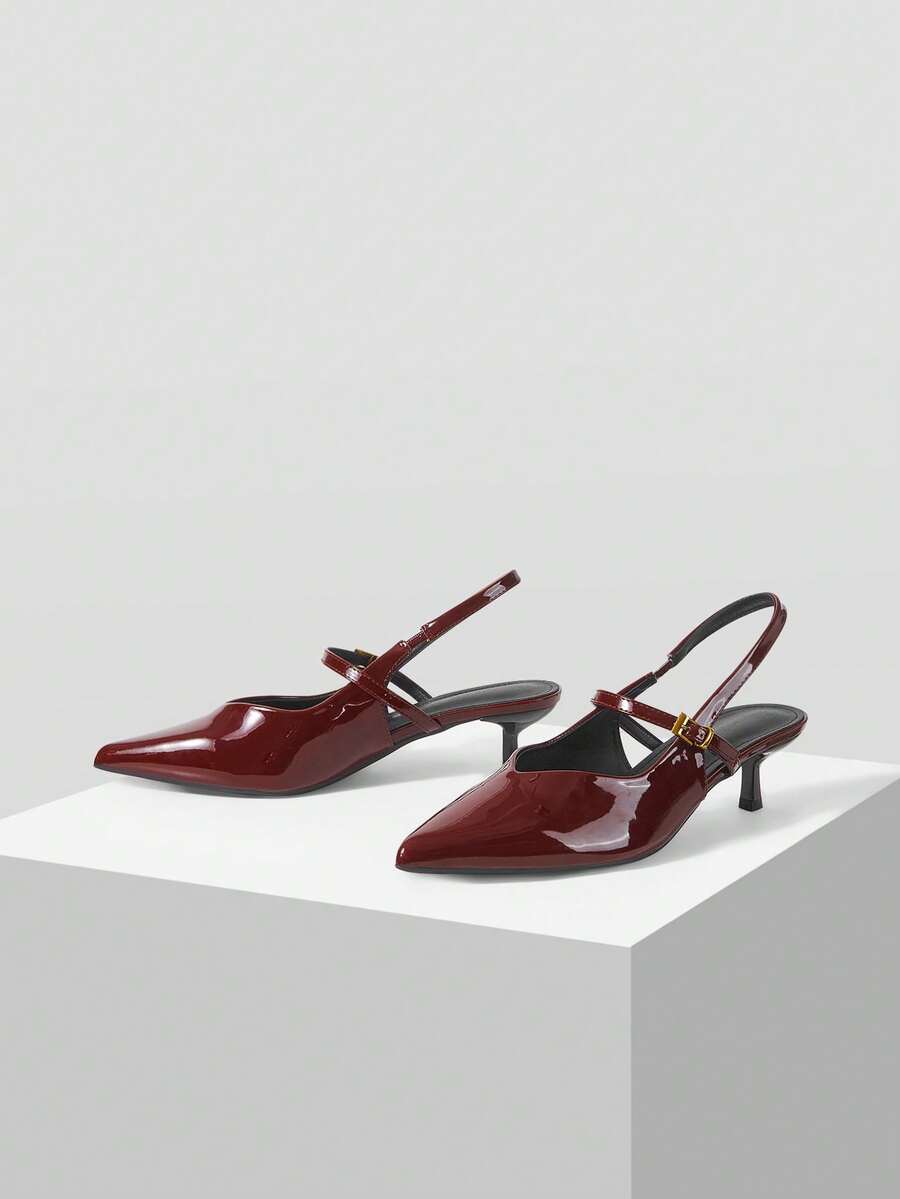Mnmlis New High Heels Women's Thin Heels Pointed Patent Leather Kitten And Elegant Temperament Shoes - Burgundy - View 1
