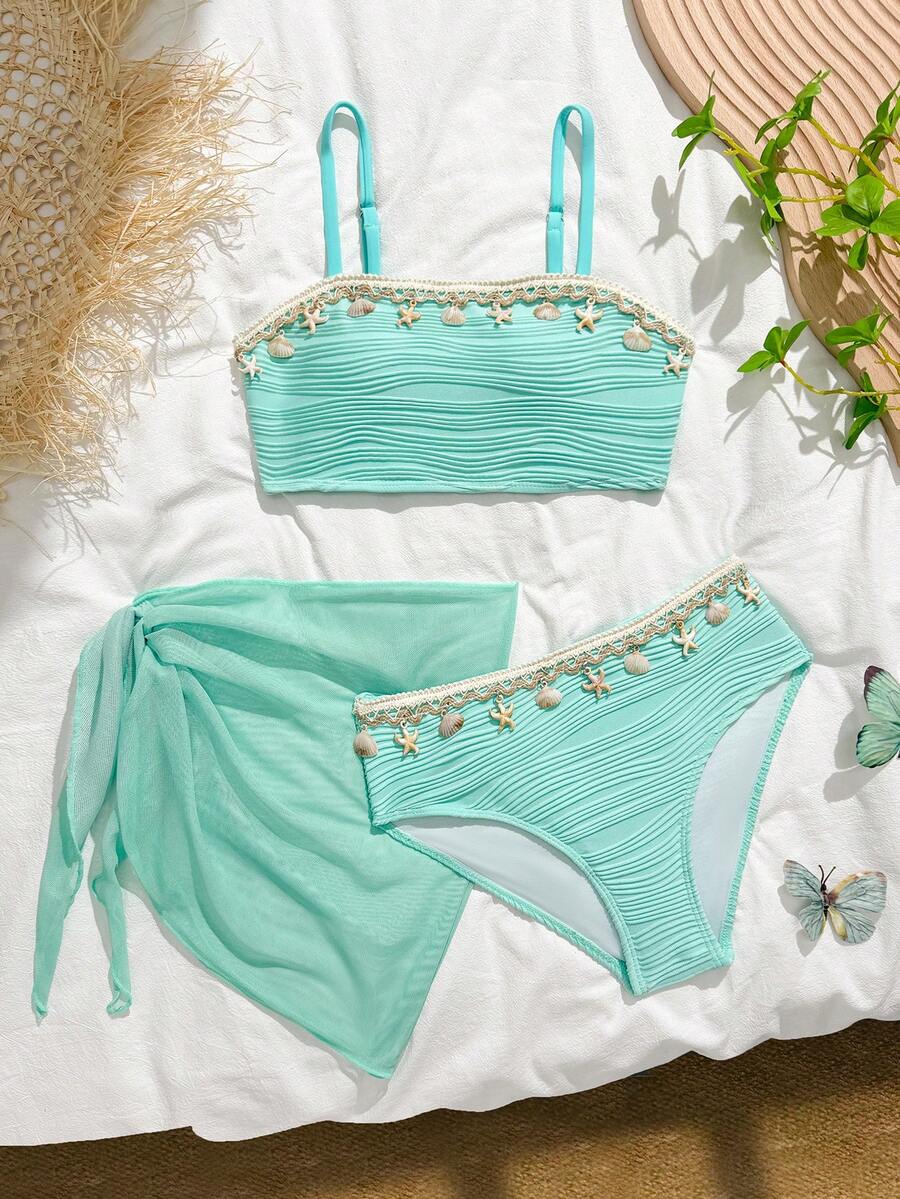 女童薄荷绿贝壳海星三件套泳衣，新款夏季款式，亲肤速干无肩带挂脖泳衣，完全遮盖臀部，防止走光，适合儿童海滩度假和泳池边穿着。两件套泳衣，女士泳衣，带罩衫的夏季泳装，贝壳海星比基尼套装，两件套夏季女装，夏季女装 - 薄荷綠 - 查看 1