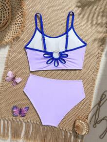SHEIN Tween Girl Casual Hollow Floral Shaped Camisole Tankini Swimsuit Set - Purple - View 2