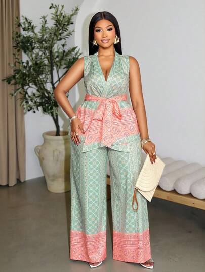 SOLERSUN Plus Size Women's Spring/Summer Fashion Elegant Sexy Casual Vacation Two Pieces Set Sleeveless Loose A Waist Strap Irregular Hem And Long Wide Leg Pants Green Orange Geometric Positioning Print Suitable For Daily Dressing Shopping Dating Back To School Season Dressing Music Festival St. Patrick's Day Party Plus Size 2 Piece Sets Summer Pant Set Easter