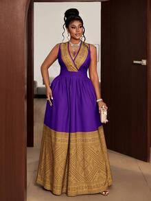 Maweii Plus Size Women Patchwork Ruched Waist Elegant Party Dress - Purple - View 5