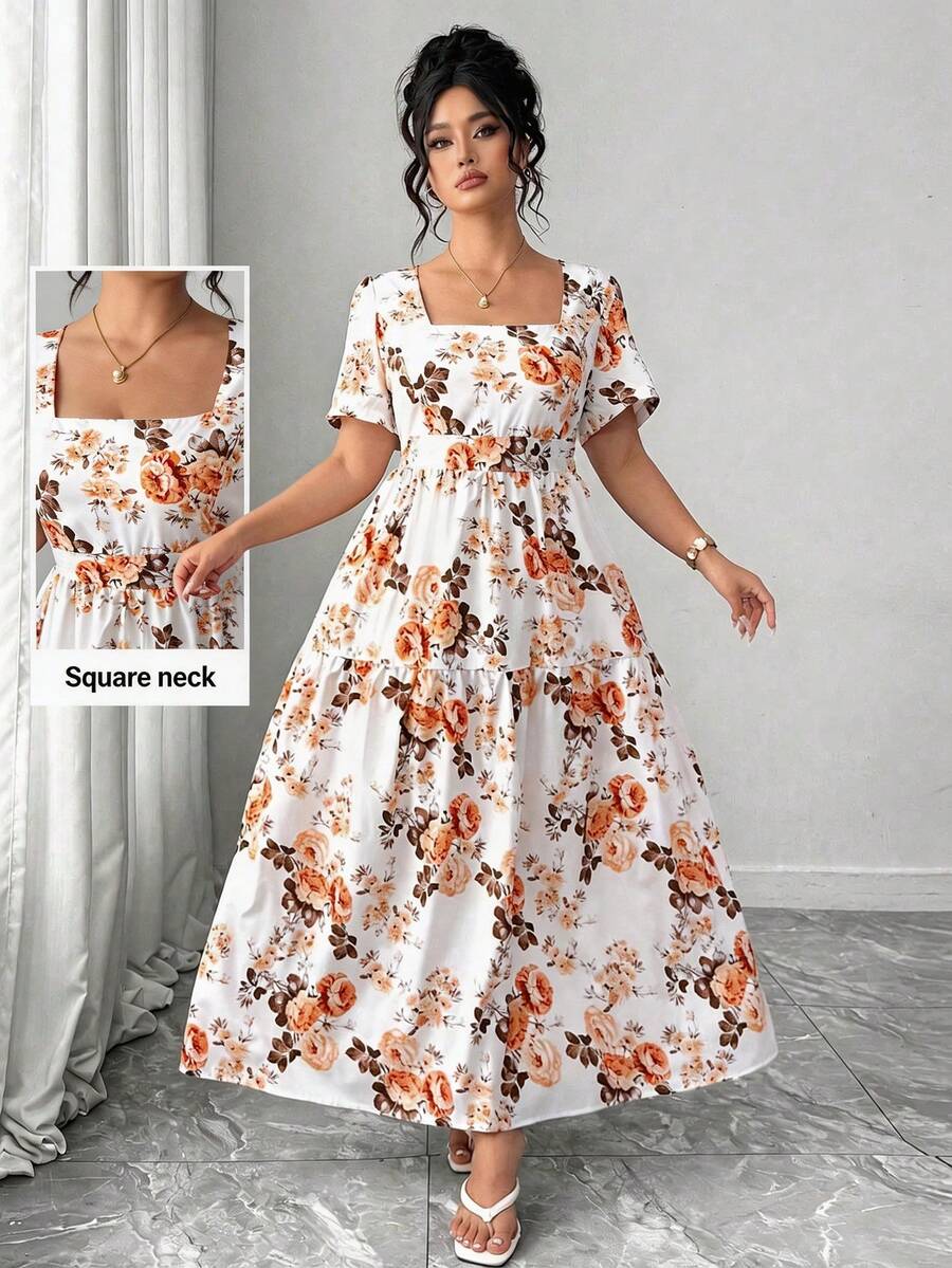 Elenzga Vestido de mujer talla grande de verano con estampado floral romántico, cuello cuadrado, espalda descubierta, cintura elástica y fluido, adecuado para playa, vacaciones y viajes al aire libre - Albaricoque - Ver 1