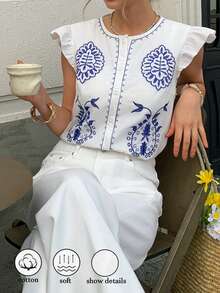 Elyressa Women's Vacation Casual Embroidered Cap Sleeve Blouse - White - View 6