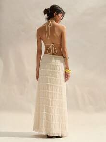 Easelle Bộ đồ nữ màu trơn gồm áo hai mảnh buộc dây sau lưng và chân váy ngắn, kiểu dáng thường ngày. - Màu be - Xem 2