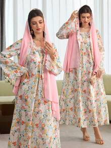 Al Najma Floral Print Dress With Ruffle Sleeve & Headscarf - Multicolor - View 2