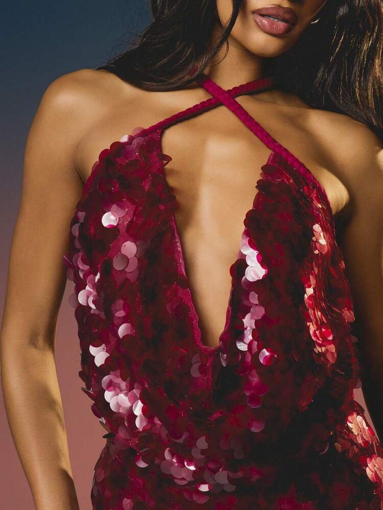 MISSGUIDED Top con scollo profondo a cowl, con paillettes, spalline intrecciate, adatto per feste, eventi serali e occasioni glamour