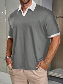 Manfinity Homme Plus Size Men's Casual Colorblock Polo Shirt For Summer - Light Grey - View 3