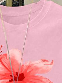 Girls/Teens Pink Short T-Shirt With Red Floral Graphic Print, Suitable For Outings, Spring, Summer, Fall, Daily All-Match Versatile Fitted Crop Top For Girls/Women, Comfortable For Home And Vacation - Pink - View 3