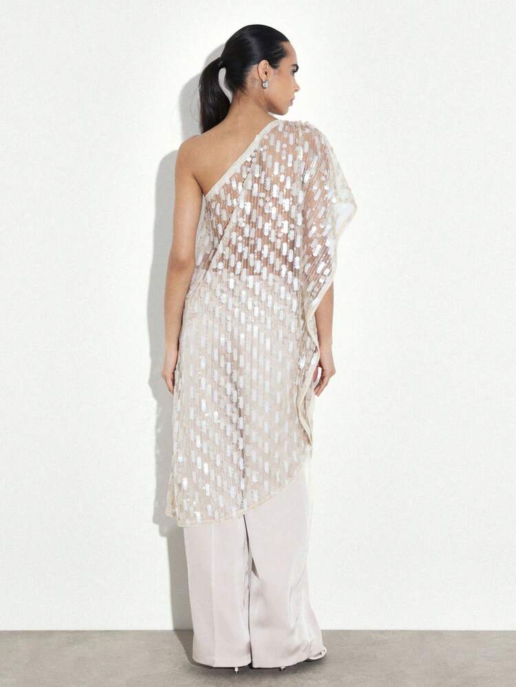 KSTM Womens One Shoulder Sequin Maxi Top Asymmetric Elegant Flowing Design Evening, & Formal Occasions