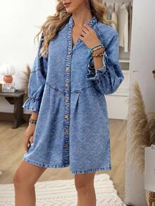 EMERY ROSE Plus Size Casual Front Button Denim Dress - Blue - View 4