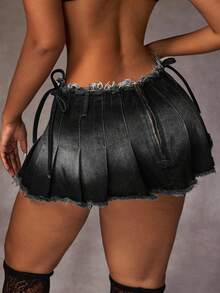 SHEIN ICON 女士时尚流苏褶皱牛仔迷你裙 - 黑色 - 查看 4