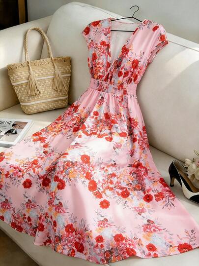 GlowEve Women's Floral Print Shirred Waist Elastic Drawstring A-Line Midi Dress, Charming Elegant Sweet Cute For Daily, Vacation, Commute, Date, French Street Retro Versatile, Spring/Summer, Shallow Pink Floral Print New Short Sleeve Midi Dress