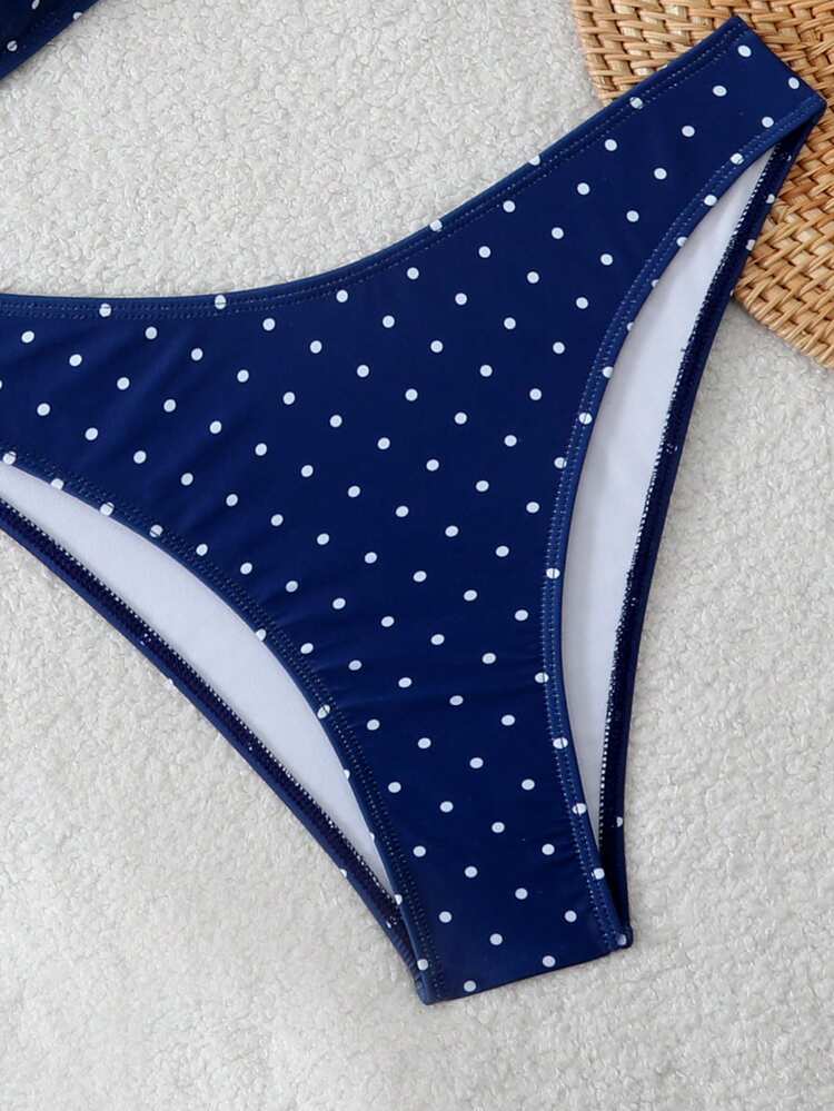 Bonvoyette 海军蓝波点比基尼套装，饰以金色圆环 | 复古风泳装，夏日海滩度假必备 - 藍白色 - 查看 8