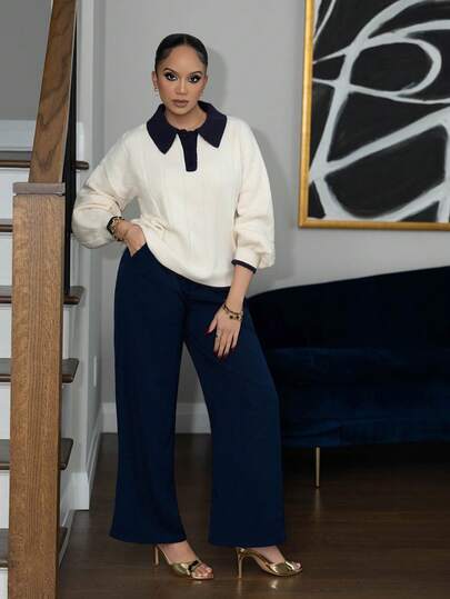 Melissa Matos Women's Loose Fit Colorblock Casual Sweater, Autumn