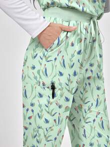 TaskEZ Leaf Plant Cartoon Print V-Neck Short Sleeve Pocket Hanging Ear Split Design Women 2-Piece Set, Spring/Summer Nurse Scrub, Pants Casual Suit, Scrub Set - Multicolor - View 5