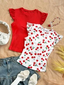 Soleia WYWH 度假风荷叶边罗纹白色针织T恤，两件套，含樱桃纯色T恤，波西米亚风，浪漫花卉图案，适合度假、派对、约会、情人节、复活节、狂欢节、下午茶、海滩、邮轮、城市度假等场合。 - 彩色 - 查看 3