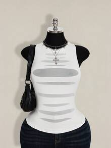 SHEIN ICON Plus Size Women Round Neck Mesh Patchwork Sheer Fitted Casual Top - White - View 4