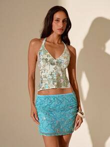 SHEIN Glamour Women's Sequin Design Fashion Mesh Bodycon Mini Skirt, Suitable For Party & Holiday - Baby Blue - View 5