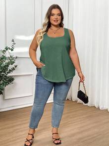 SHEIN CURVE+ 大码女式时尚宽松舒适无袖T恤背心 - 綠色 - 查看 9