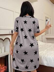 SHEIN 美国休闲星形印花V领短袖女士睡裙 - 彩色 - 查看 2