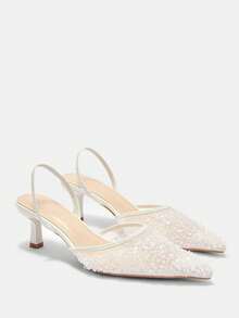 CUCCOO CURVES Women Shoes Women Pointed Mesh Embroidered Pearl Design Everyday Versatile Fashion Wide Last High Heels - Beige - View 2