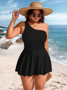 Swim Lushoire 大码女式两件套撞色单肩收腰及膝休闲沙滩连衣裙泳装 - 黑色 - 查看 6