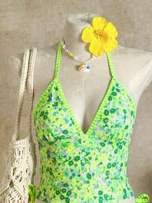 Swim Mod Casual Cute Tropical Ditsy Floral Halter Bikini Set - Multicolor - View 4