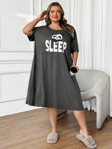 SHEIN CURVE+ 加大码舒适熊猫印花圆领休闲睡裙，夏季 - 灰色 - 查看 9