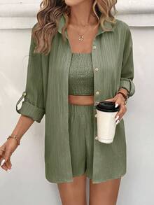 Sylviya 3pcs Women's Casual Vacation Cardigan, Tube Top And Shorts Set - Green - View 5
