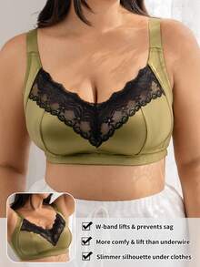 1pc Glossy Lace Patchwork Full Coverage Women's Bra - Army Green - View 4