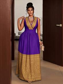 Maweii Plus Size Women Patchwork Ruched Waist Elegant Party Dress - Purple - View 4