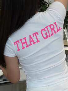 SHEIN 女式修身字母印花 T 恤女式上衣 - 白色 - 查看 1