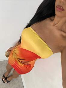 Glamine 女士时尚印花抹胸连衣裙 - 橘色 - 查看 4