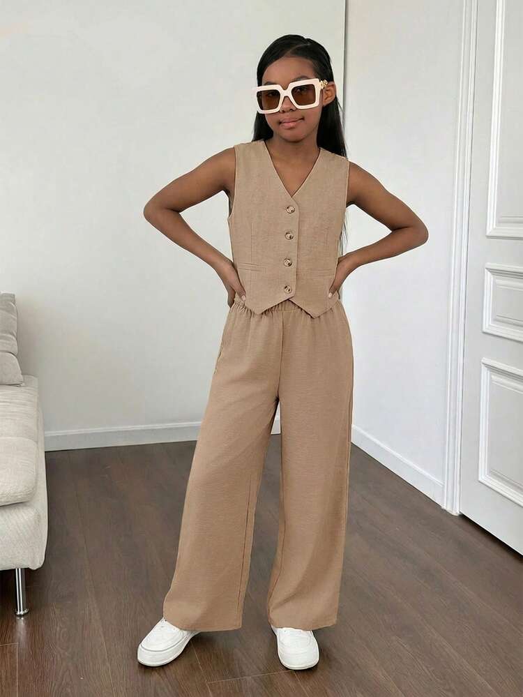 Firerie Kids Firerie Kids Pantalon droit à jambes larges à rayures tissées, style mode décontracté et pour les jeunes filles, idéal pour les trajets et l'école - Kaki - Voir 4