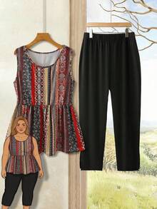 Rusticease Plus Size Women All-Over Print Round Neck Top And Wide Leg Pants Casual 2 Pieces Set - Multicolor - View 1