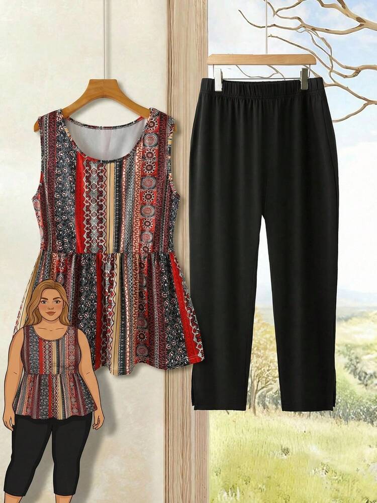 Plus Size Women All-Over Print Round Neck Top And Wide Leg Pants Casual 2 Pieces Set